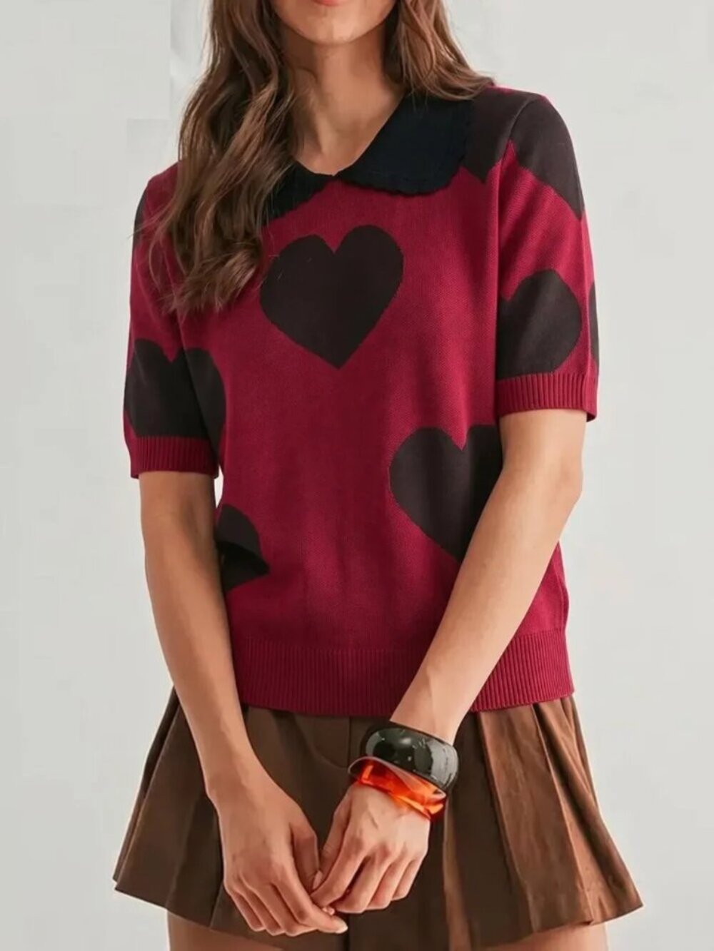 Doll Collar Heart Color Block Short Sleeve Sweater - Picture 2 of 5